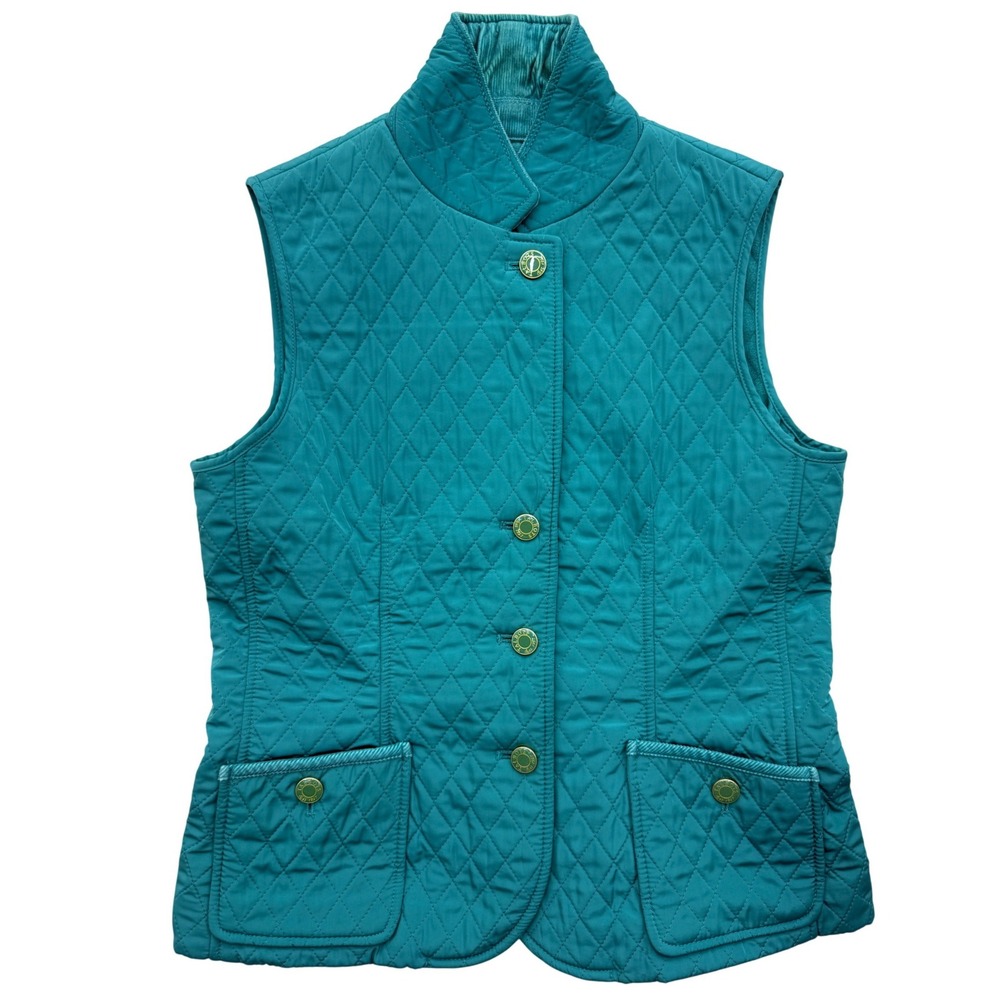 Talbots Petites Quilted Vest Size P Teal Green Button Front Stand Collar Pockets